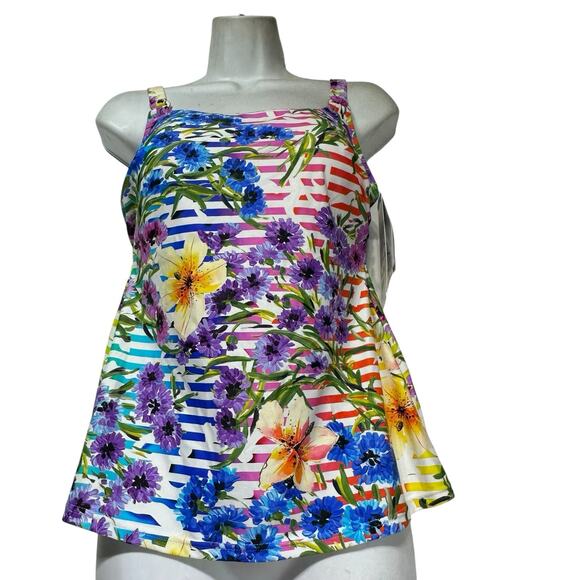 Anita Floral Tankini Swim Top Shelf Bra 38B Rainbow Stripe Tropical Print - Picture 1 of 6